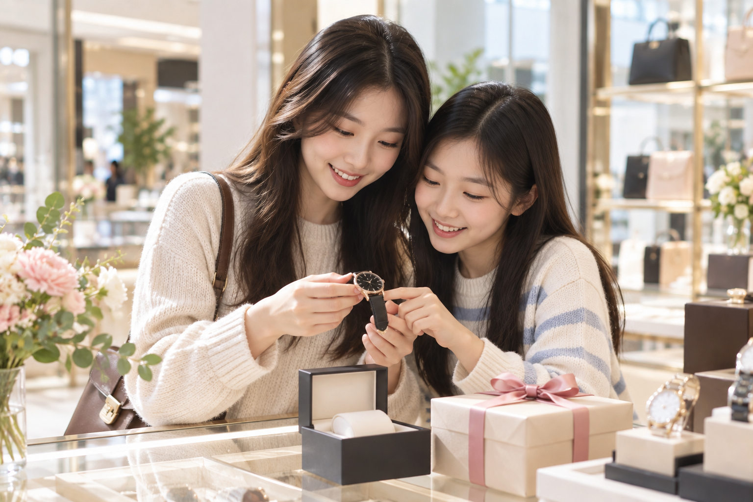 Two sisters smiling as they look at a wristwatch at a bright department store counter with a gift box