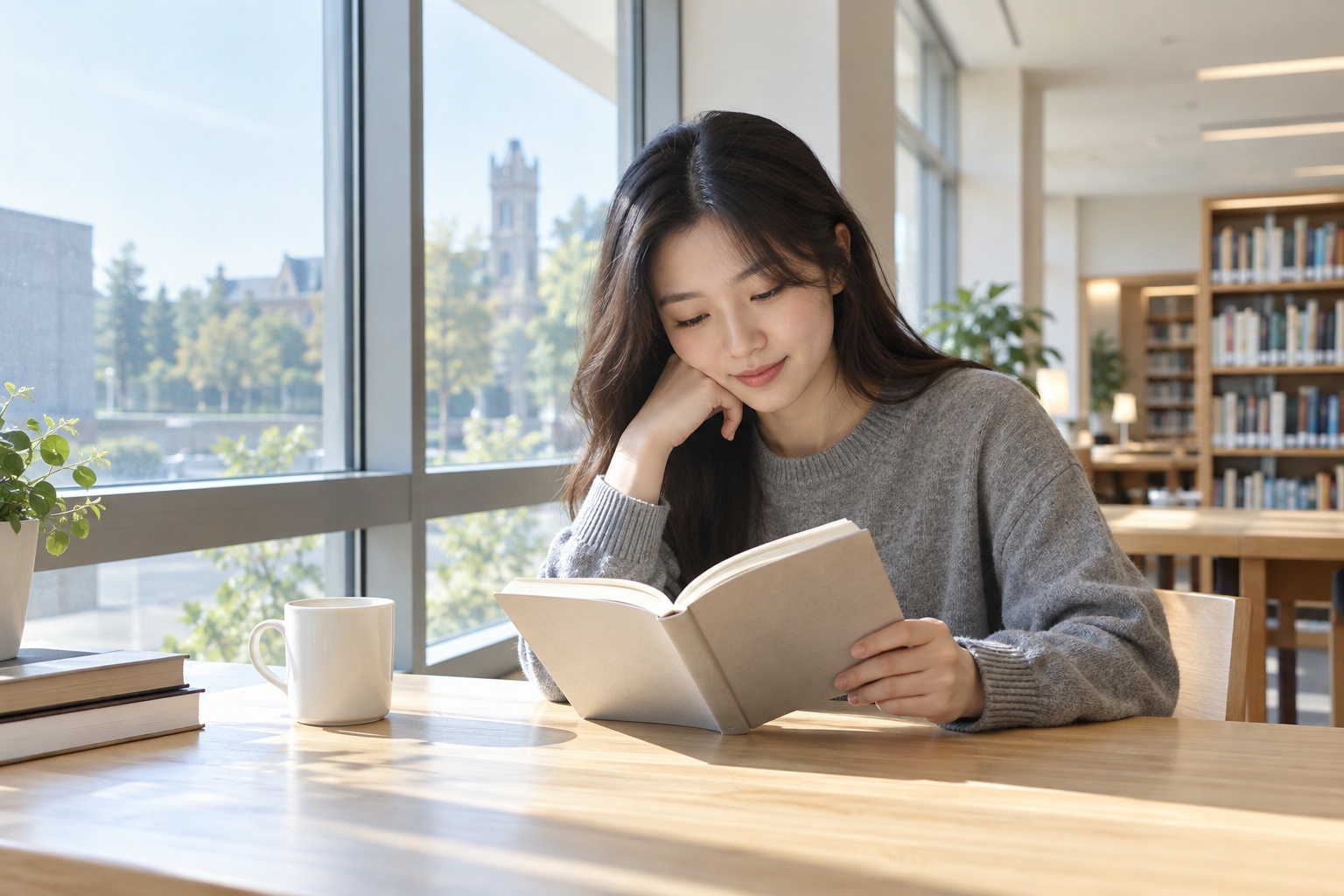 A university student studying Chinese over breakfast before class
