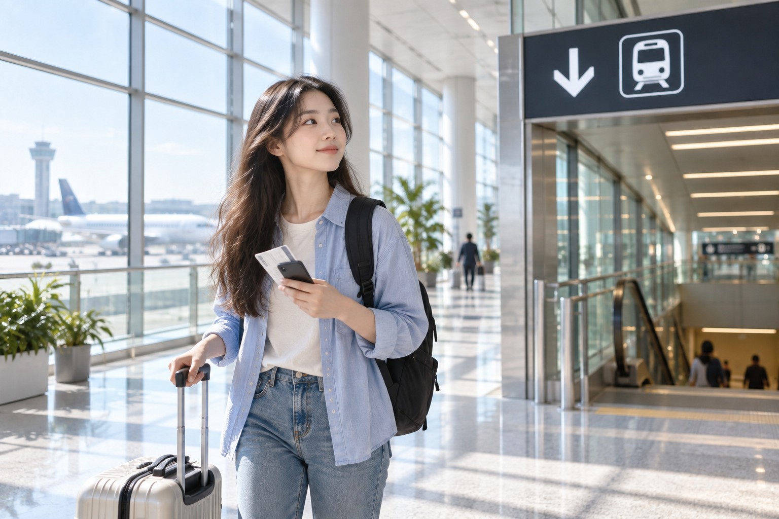 A young traveler with a suitcase and boarding pass walking through a bright airport terminal toward the train sign