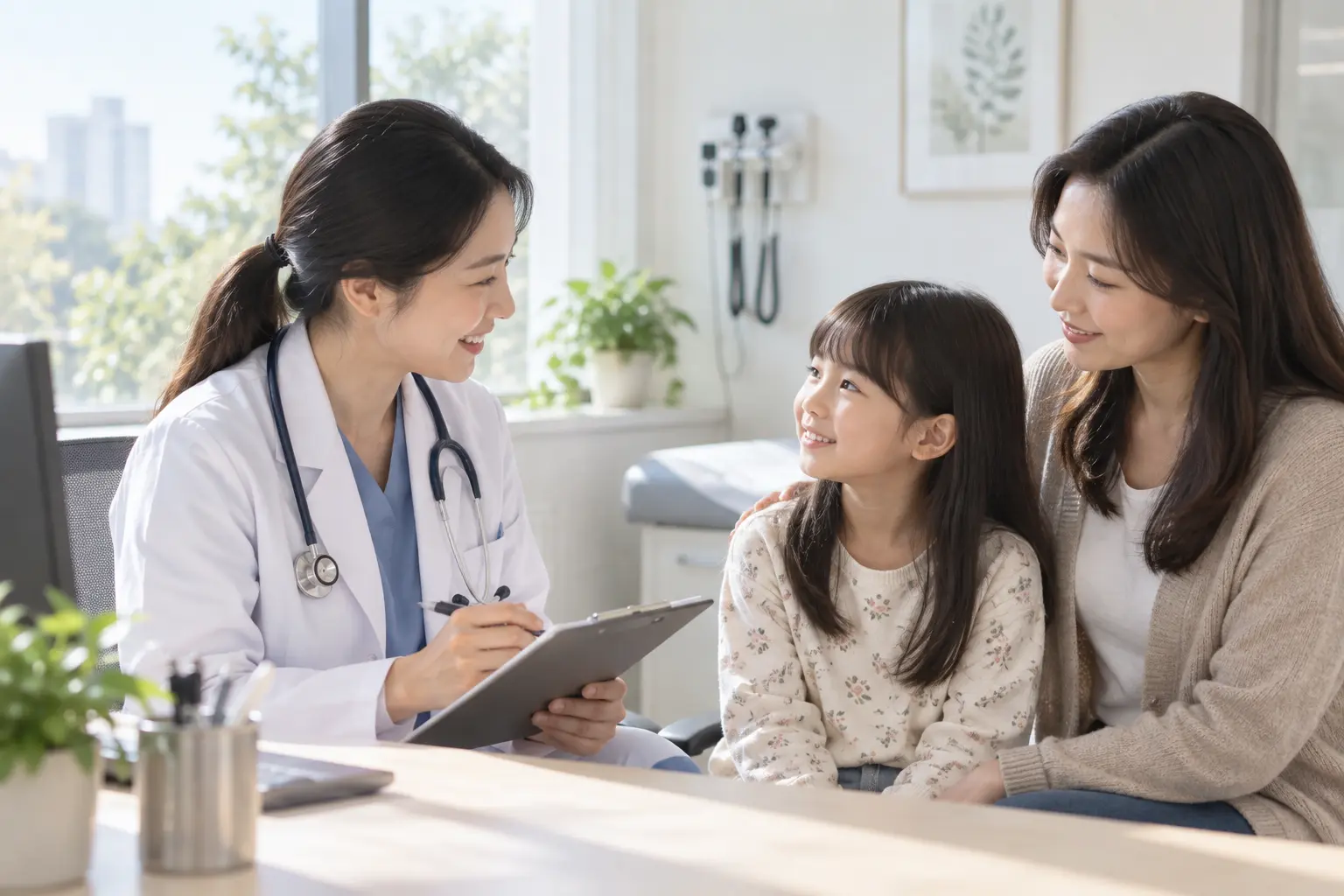 A doctor talking with a young patient and her mother in a clinic room