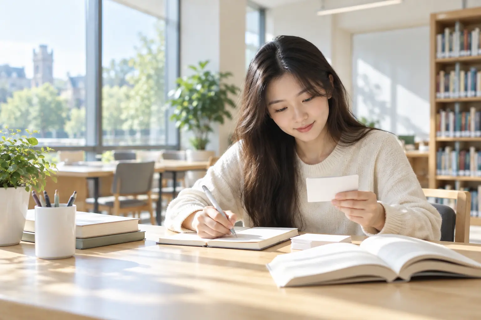 A student writing Chinese characters and reviewing flashcards in a bright library