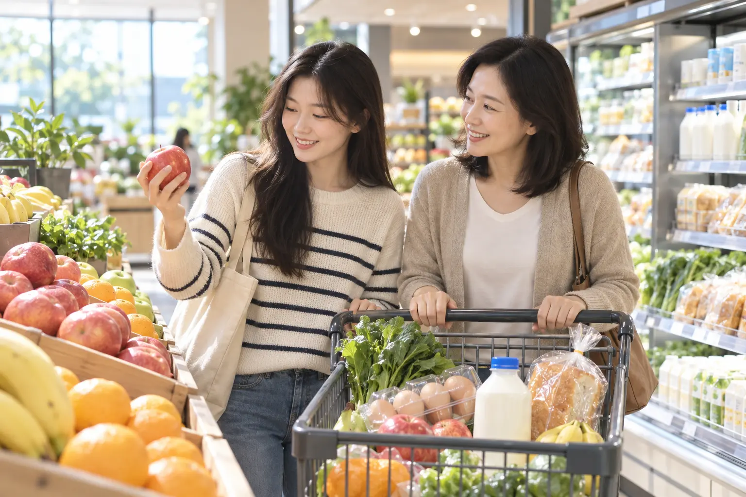 A mother and daughter choosing apples with a full cart at the supermarket