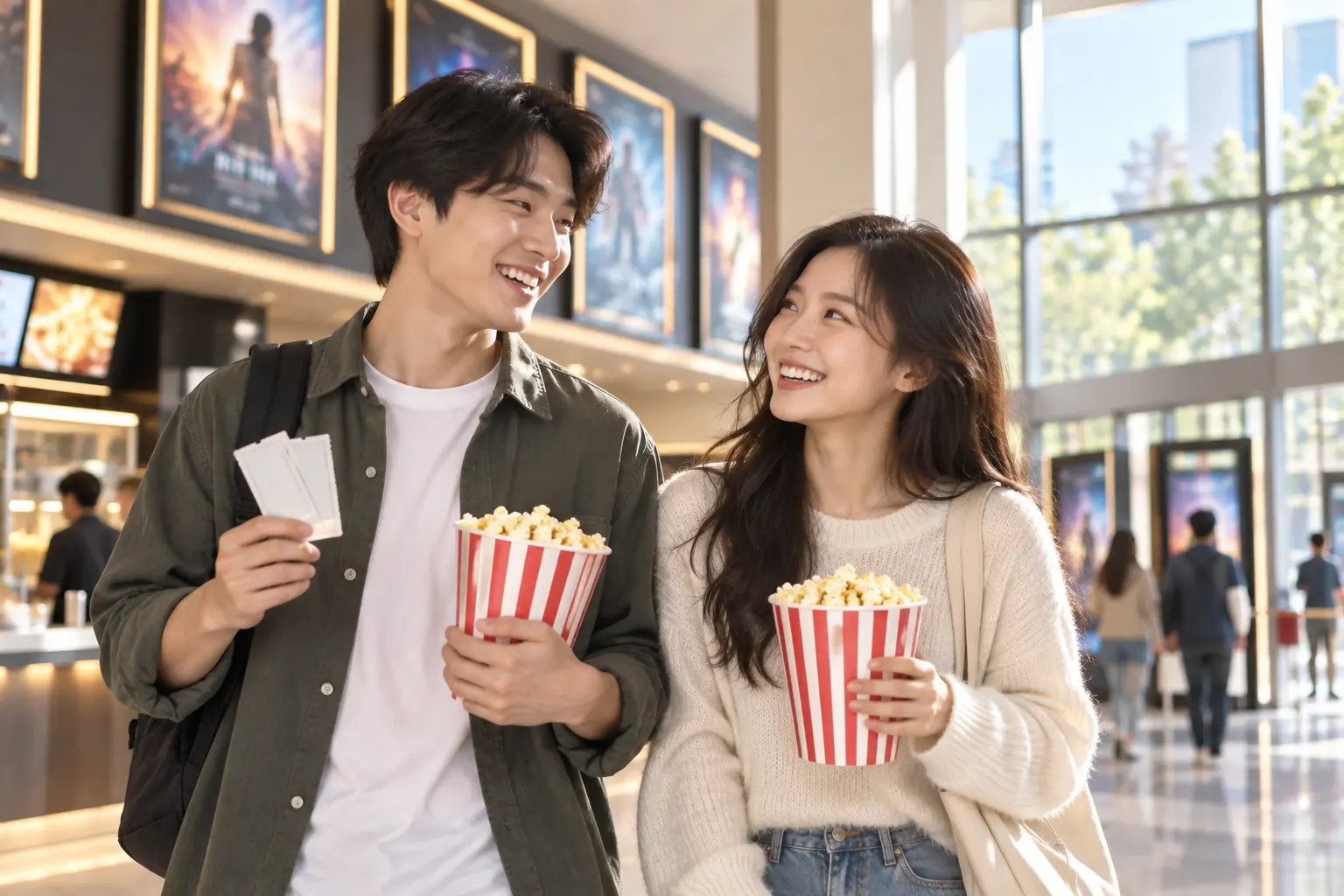 Two friends holding tickets and popcorn in a cinema lobby